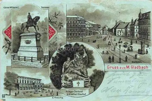 AK / Ansichtskarte  MoeNCHENGLADBACH NRW Marktplatz Kaiser Wilhelm Denkmal Reiterstandbild Kriegerdenkmal Erholung Litho