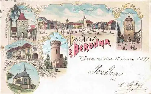 AK / Ansichtskarte  Berouna Beroun Beraun CZ Horni cast namesti Brana Hotel Kaple Litho