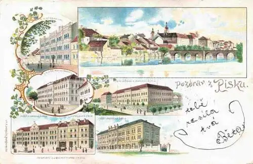 AK / Ansichtskarte  Pisku Pisek Pisch CZ Stadtbild mit Bruecke Gebaeude Litho