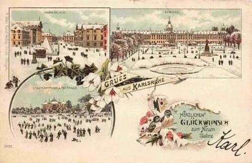 AK / Ansichtskarte  KARLSRUHE Baden Marktplatz Schloss Stadtgartensee Festhalle Neujahrskarte Litho