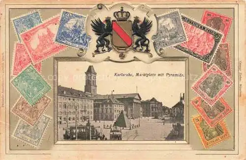 AK / Ansichtskarte  KARLSRUHE Baden Marktplatz mit Pyramide Sonderbriefmarken Wappen Krone