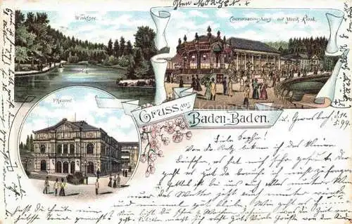 AK / Ansichtskarte  BADEN-BADEN Konversationshaus Musik-Kiosk Waldsee Theater Litho Deutsche Reichspost