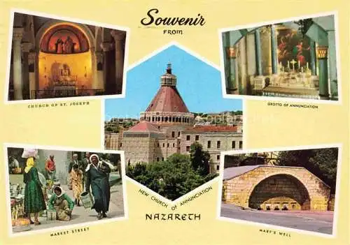 AK / Ansichtskarte  Nazareth  Illit Israel Church of St Joseph Market Street New Church of Annunciation Grotto of Annunciation Mary's Well