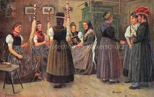 AK / Ansichtskarte HOFFMANN__Heinrich_Kuenstlerkarte Spinnstube im Schwarzwald 