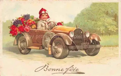 AK / Ansichtskarte  Glueckwunsch Greeting Bonne fete Auto Bluemen Kind