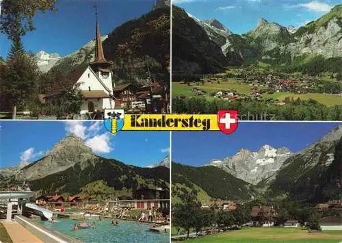 AK / Ansichtskarte  Kandersteg BE Panorama Berner Oberland Alpen Kirche Bluemlisalp Freibad Bahnhofstrasse