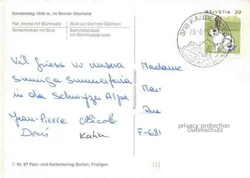 AK / Ansichtskarte  Kandersteg BE Panorama Berner Oberland Alpen Kirche Bluemlisalp Freibad Bahnhofstrasse