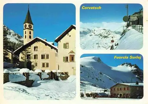 AK / Ansichtskarte  Silvaplana GR Ortsmotiv mit Kirche Blick gegen Corvatsch Fuorcla Surleij Bergrestaurant Wintersportplatz Alpen