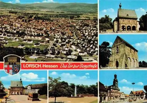 AK / Ansichtskarte  Lorsch Hessen Fliegeraufnahme Tor zur Bergstrasse Karolingische Koenigshalle Vorkirche Kloster Koenigshalle Jubilaeumsbrunnen Marktplatz Rathaus