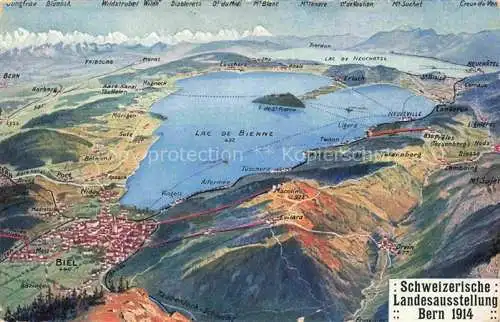 AK / Ansichtskarte  Bielersee Lac de Bienne BE und Umgebung aus der Vogelperspektive Schweizerische Landesausstellung Bern 1914 Kuenstlerkarte