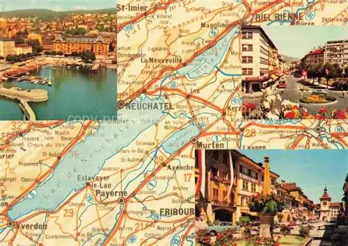 AK / Ansichtskarte  Bienne BIEL-BIENNE Les trois lacs Bienne Neuchâtel Morat Landkarte Motive Stadtzentren Hafen