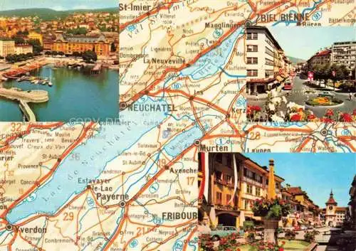 AK / Ansichtskarte  Bienne BIEL-BIENNE Les trois lacs Bienne Neuchâtel Morat Landkarte Motive Stadtzentren Hafen