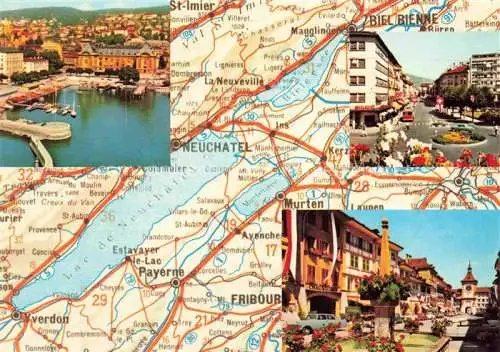 AK / Ansichtskarte  Bienne BIEL-BIENNE Les trois lacs Bienne Neuchâtel Morat Landkarte Motive Stadtzentren Hafen