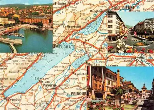 AK / Ansichtskarte  Bienne BIEL-BIENNE Les trois lacs Bienne Neuchâtel Morat Landkarte Motive Stadtzentren Hafen