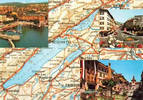 AK / Ansichtskarte  Bienne BIEL-BIENNE Les trois lacs Bienne Neuchâtel Morat Landkarte Motive Stadtzentren Hafen