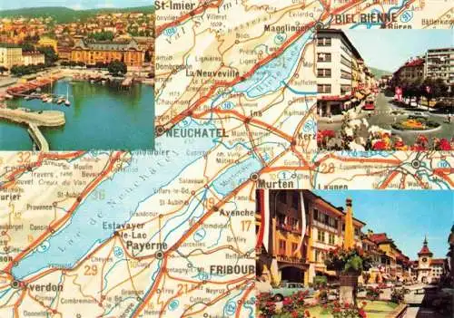 AK / Ansichtskarte  Bienne BIEL-BIENNE Les trois lacs Bienne Neuchâtel Morat Landkarte Motive Stadtzentren Hafen