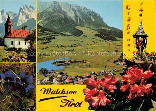 AK / Ansichtskarte  Walchsee Tirol AT Kapelle Alpenflora Blauer Enzian Alpenrose Luftaufnahme Zahmer Kaiser Kaisergebirge