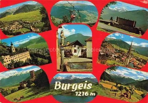 AK / Ansichtskarte  Burgeis Mals Suedtirol IT Teilansichten Panorama Vinschgau Ortsmotiv mit Brunnen Sessellift Burgruine