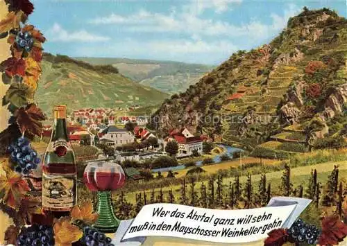 AK / Ansichtskarte  Mayschoss Ahr Mayschosser Winzer-Verein aelteste und groesste Winzergenossenschaft Deutschlands Weinflasche Reben Panorama Blick ins Ahrtal