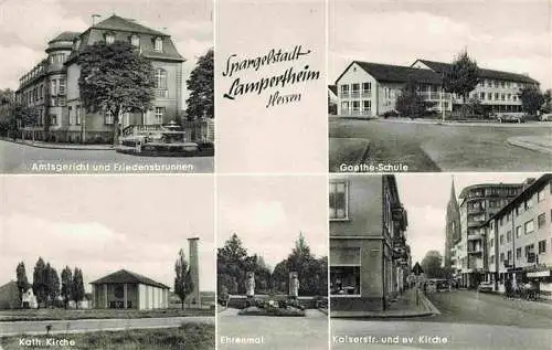 AK / Ansichtskarte  Lampertheim Bergstrasse Amtsgericht und Friedensbrunnen Goethe Schule Kath Kirche Ehrenmal Kaiserstrasse