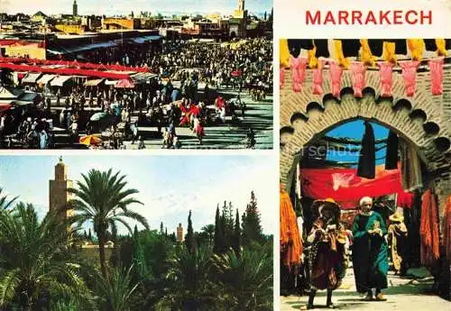 AK / Ansichtskarte  Marrakech Marrakesch Maroc Place Djemmaa el Fna La Palmeraie et le Haut Atlas Le Souk aux Teinturiers