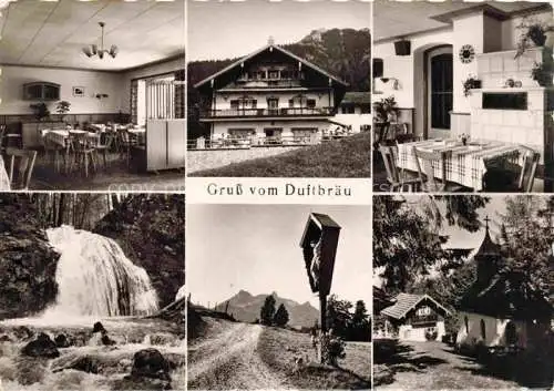 AK / Ansichtskarte  Samerberg Grainbach Rosenheim Bayern Berggasthof Hotel Duftbraeu Gastraum Wasserfall Wegekreuz Kapelle Alpen