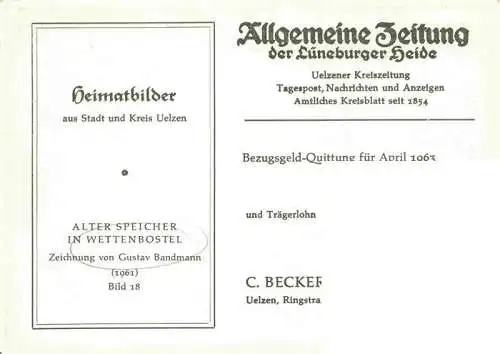 AK / Ansichtskarte  Wettenbostel Wriedel Niedersachsen Alter Speicher Zeichnung Bezugsgeld Quittung