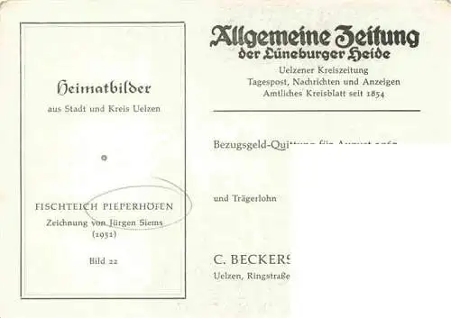 AK / Ansichtskarte  Pieperhoefen Uelzen Niedersachsen Fischteich Pieperhoefen Zeichnung Bezugsgeld Quittung