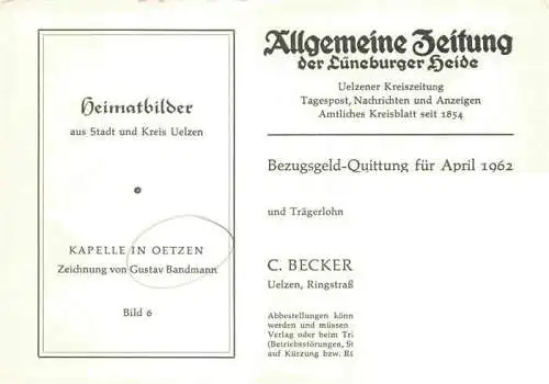 AK / Ansichtskarte  Oetzen Uelzen Niedersachsen Kapelle Zeichnung Bezugsgeld Quittung