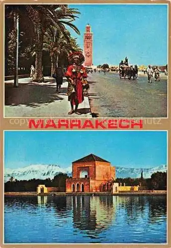 AK / Ansichtskarte  Marrakech Marrakesch Maroc Marchand d'eau et la Koutoubia La Menara et le Haut Atlas