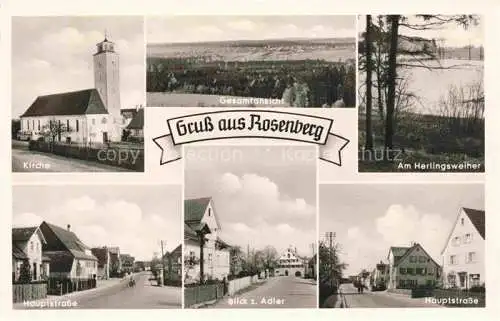 AK / Ansichtskarte  Rosenberg Ellwangen Wuerttemberg Kirche Panorama Am Hertlingsweiher Hauptstrasse Blick zum Adler 