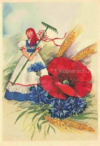 AK / Ansichtskarte  Mohnblumen Blumen Flowers Fleurs Kuenstlerkarte Maedchen Weizen