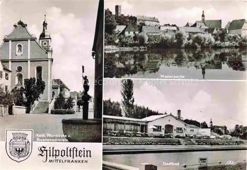 AK / Ansichtskarte  Hilpoltstein Mittelfranken Kath Pfarrkirche Brunnenmaennlein Wasserpartie Stadtbad