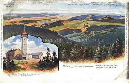 AK / Ansichtskarte  Keilberg Erzgebirge Klinovec v Rudhori 1244m CZ Panorama Hoechster Punkt des Erzgebirges Kaiser Franz Josefs-Aussichtsturm Unterkunftshaus Kuenstlerkarte