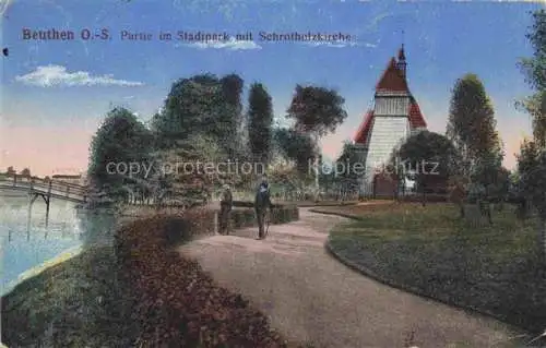 AK / Ansichtskarte  Beuthen Oberschlesien BYTOM PL Partie im Stadtpark mit Schrotholzkirche Feldpost