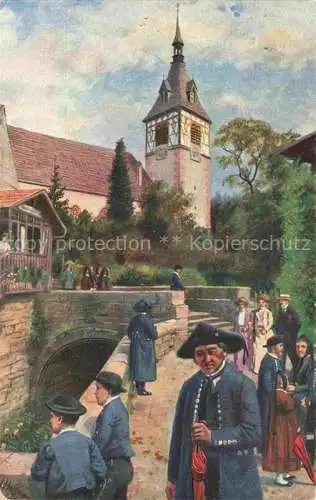 AK / Ansichtskarte HOFFMANN__Heinrich_Kuenstlerkarte Sonntag in Schwarzwald Kirche Bad Liebenzell  