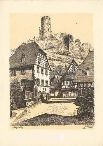 AK / Ansichtskarte  Kaysersberg Kaisersberg Alsace 68 Haut Rhin Partie in der Altstadt Fachwerkhaeuser Burgruine Zeichnung Klippstiehl Kuenstlerkarte