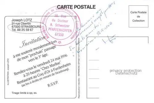 AK / Ansichtskarte  Strasbourg  Strassburg 67 Bas-Rhin Geburtstagseinladung Zeichnung Kuenstlerkarte