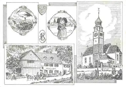 AK / Ansichtskarte  Ungersheim Guebwiller 68 Haut-Rhin Wirtschaft zur Forelle Kirche Storch Trachten Zeichnung Kuenstlerkarte