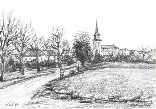 AK / Ansichtskarte  DANNEMARIE  Dammerkirch Alsace 68 Haut-Rhin Ansicht mit Kirche Dessin par Louis Walter Kuenstlerkarte