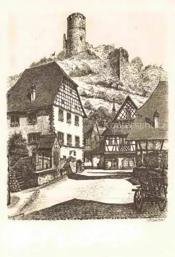 AK / Ansichtskarte  Kaysersberg Kaisersberg Alsace 68 Haut Rhin Partie in der Altstadt Burgruine Zeichnung Klippstiehl Kuenstlerkarte