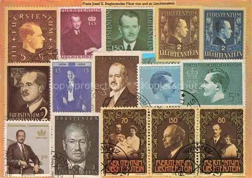 AK / Ansichtskarte  Briefmarken auf Postkarte Timbres Postage Francobollo-- Fuerstensturm Liechtenstein Vaduz  Franz Josef II