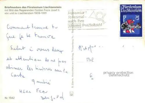AK / Ansichtskarte  Briefmarken auf Postkarte Timbres Postage Francobollo-- Fuerstensturm Liechtenstein Vaduz  Franz Josef II