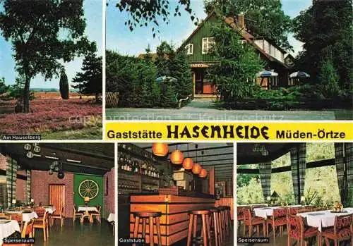 AK / Ansichtskarte  Mueden oertze Gaststaette Hasenheide Gaststube Speiseraum Landschaft Am Hauselberg Lueneburger Heide