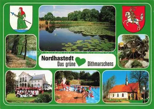 AK / Ansichtskarte  Nordhastedt Das gruene Herz Dithmarschens Seerosenteich Kirche Freibad Trachtengruppe