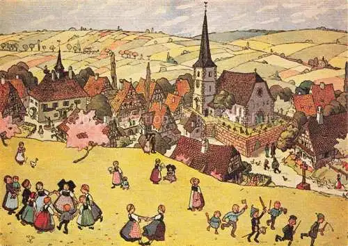 AK / Ansichtskarte  Hansi  Waltz J J Kuenstlerkarte Alsace Elsass Enfants joyeux pres de leur village