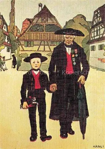 AK / Ansichtskarte  Hansi  Waltz J J Kuenstlerkarte Alsace Elsass Le Grans Pere et enfant chemin eglist