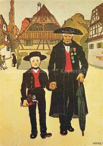AK / Ansichtskarte  Hansi  Waltz J J Kuenstlerkarte Alsace Elsass Le Grand Pere enfant sur le chemin eglis