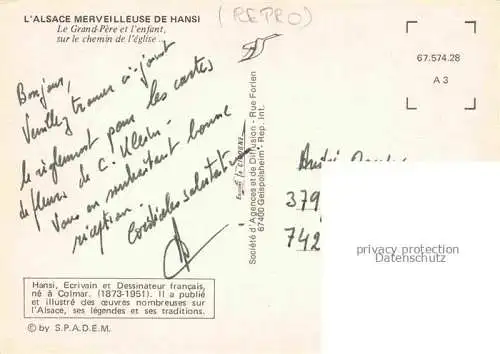 AK / Ansichtskarte  Hansi  Waltz J J Kuenstlerkarte Alsace Elsass Le Grand Pere enfant sur le chemin eglis