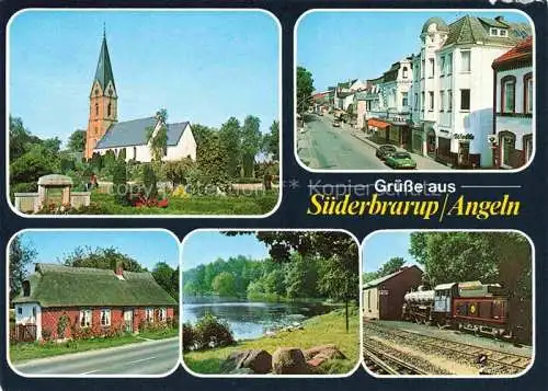 AK / Ansichtskarte  Suederbrarup Schleswig-Holstein Teilansichten Kirche Dampflokomotive Partie am See